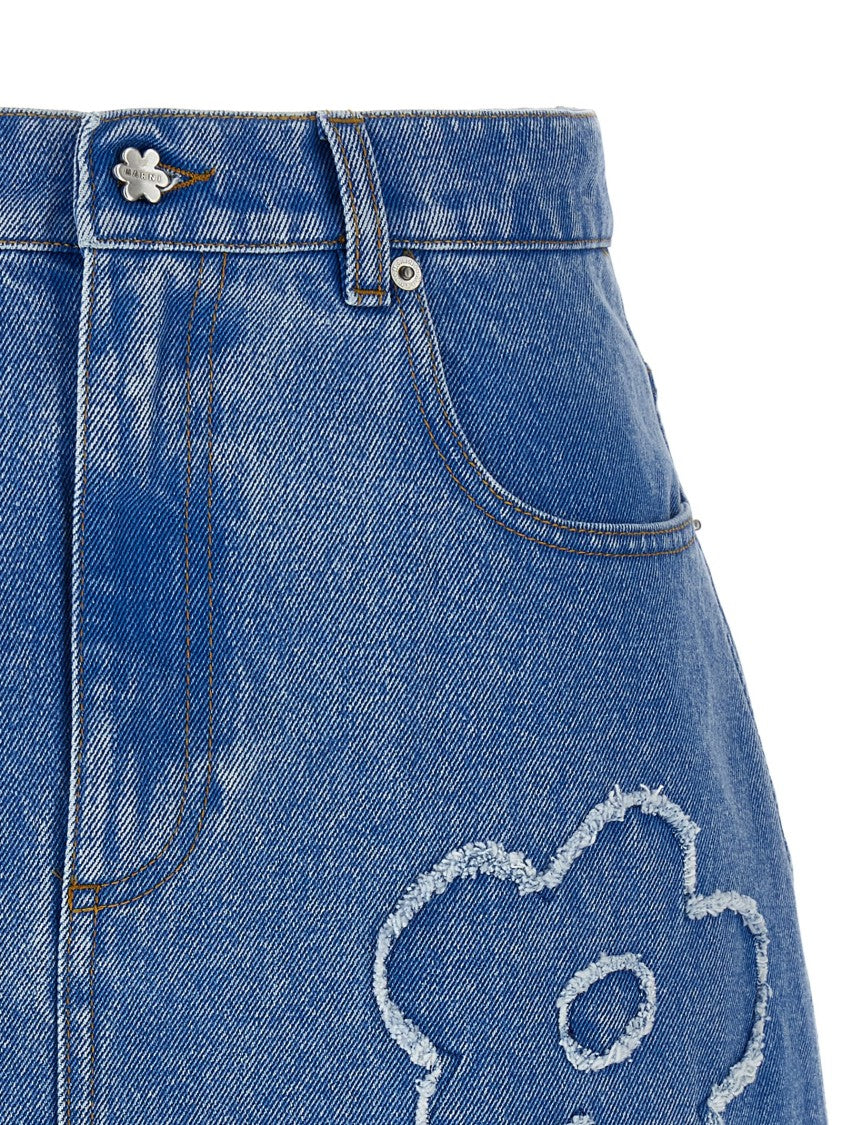 Marni Denim Mini Skirt With Floral Patch Detail And Frayed Hem