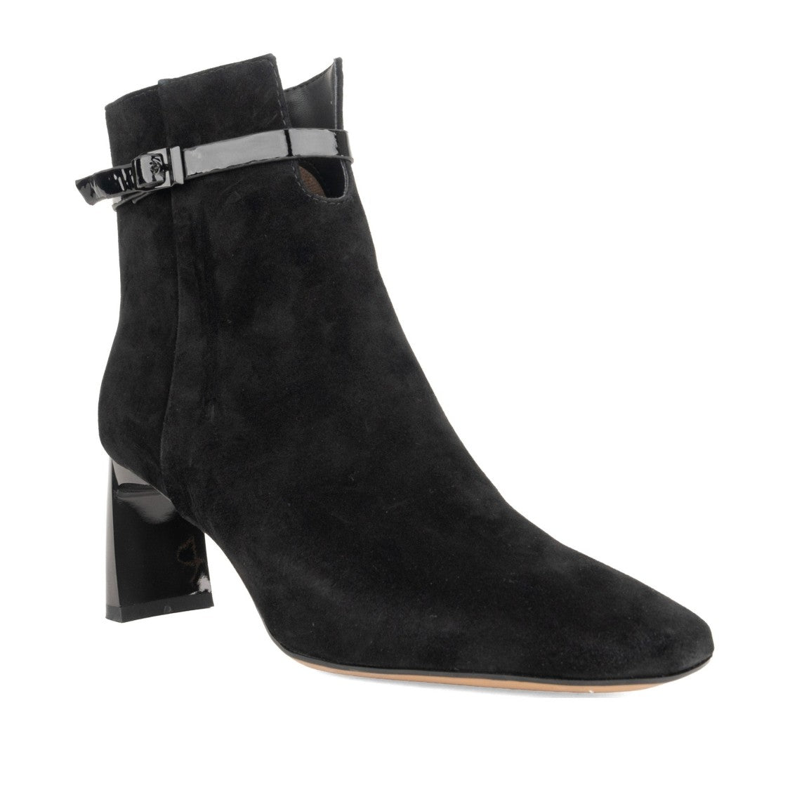Linda Baumann Black Mid-Height Glossy Strap Suede Ankle Boots