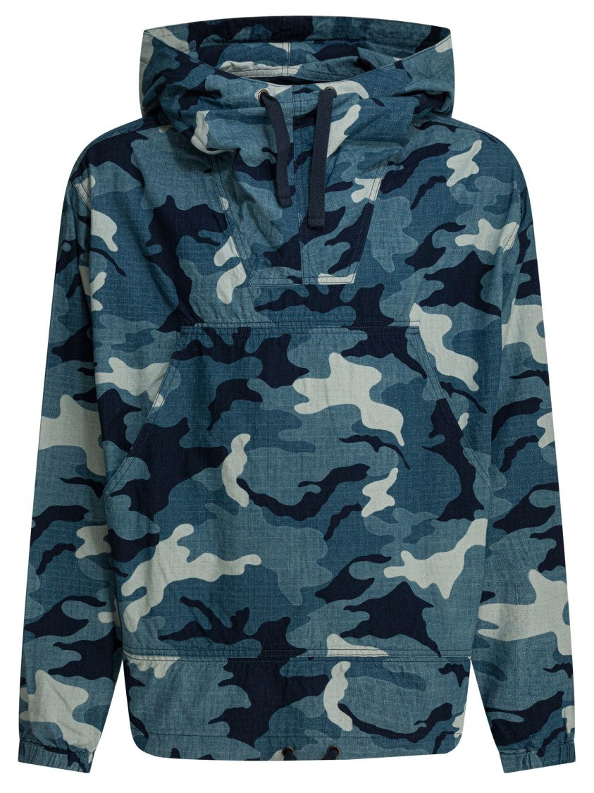 Beams Plus Blue Camouflage Jacket With Adjustable Hood And Kangaroo Pocket