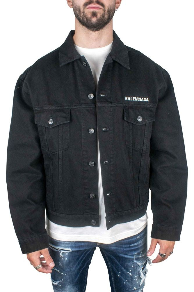 Balenciaga Cropped Black Denim Jacket With Flap Pockets