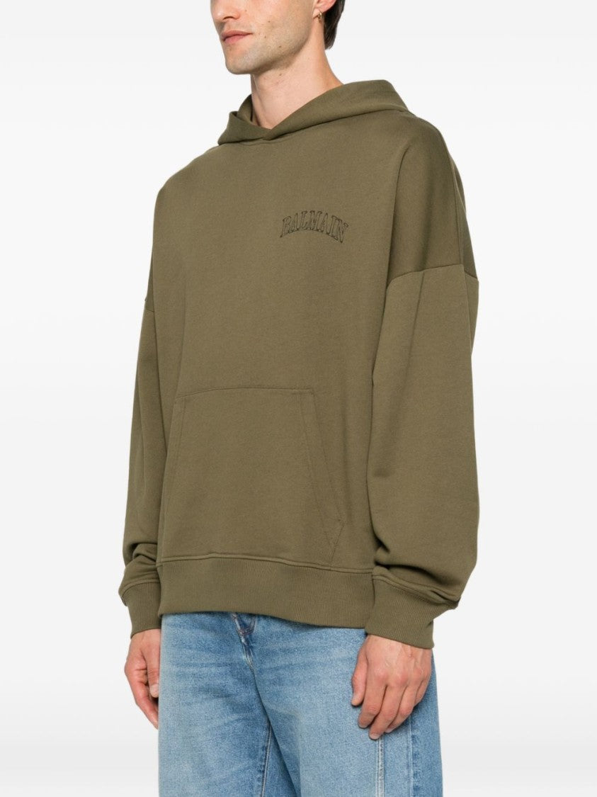 Balmain Khaki Green Cotton Jersey Hoodie With Floral Logo Print