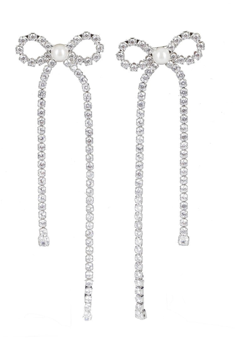 Self-Portrait Silver Crystal Droplet Bow Faux-Pearl Brass Earrings
