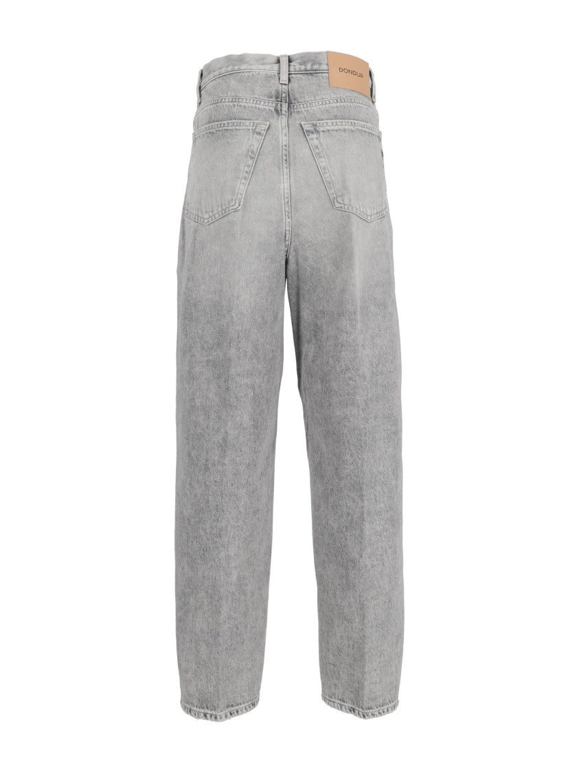 Dondup Washed Grey Cotton Denim Pants With Tapered Fit