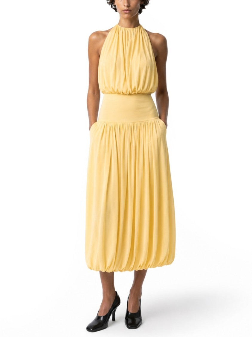 Totême Draped Midi Dress With Gathered Bodice And Bubble Hem