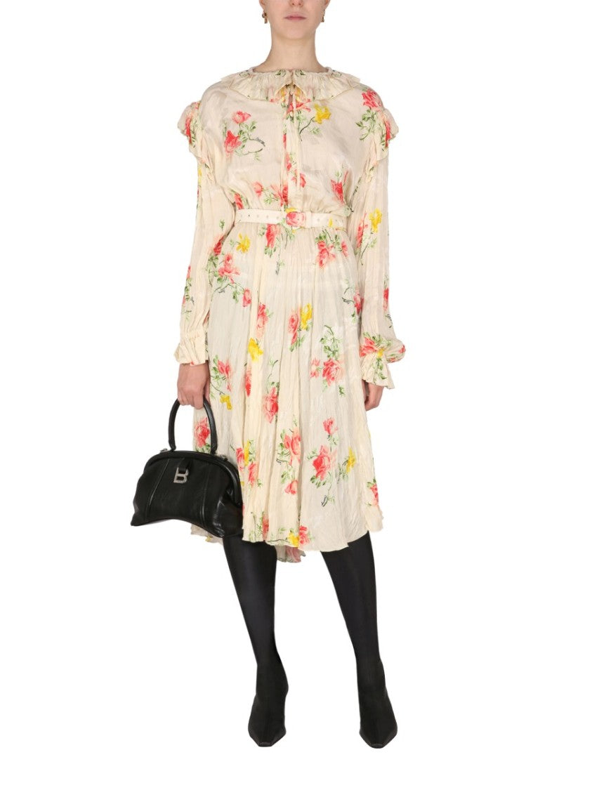 Balenciaga Floral Dress With Drawstring Collar And Flowing Silhouette