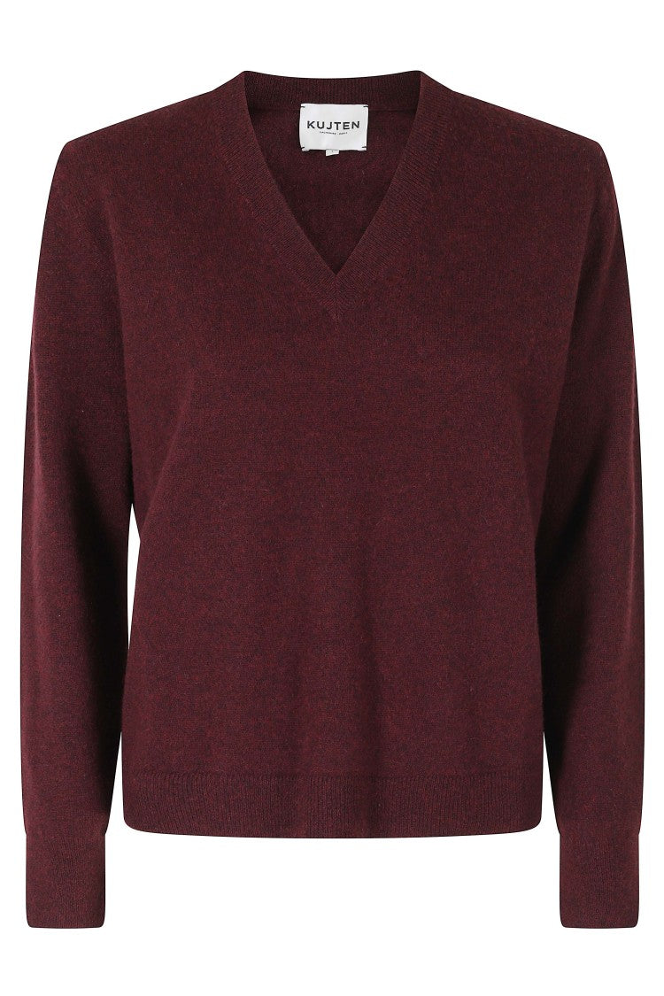 Kujten Lita Burgundy Long-Sleeve V-Neck Cashmere Sweater