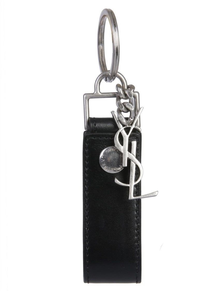 Saint Laurent Monogram Silver Charm Calfskin Keychain