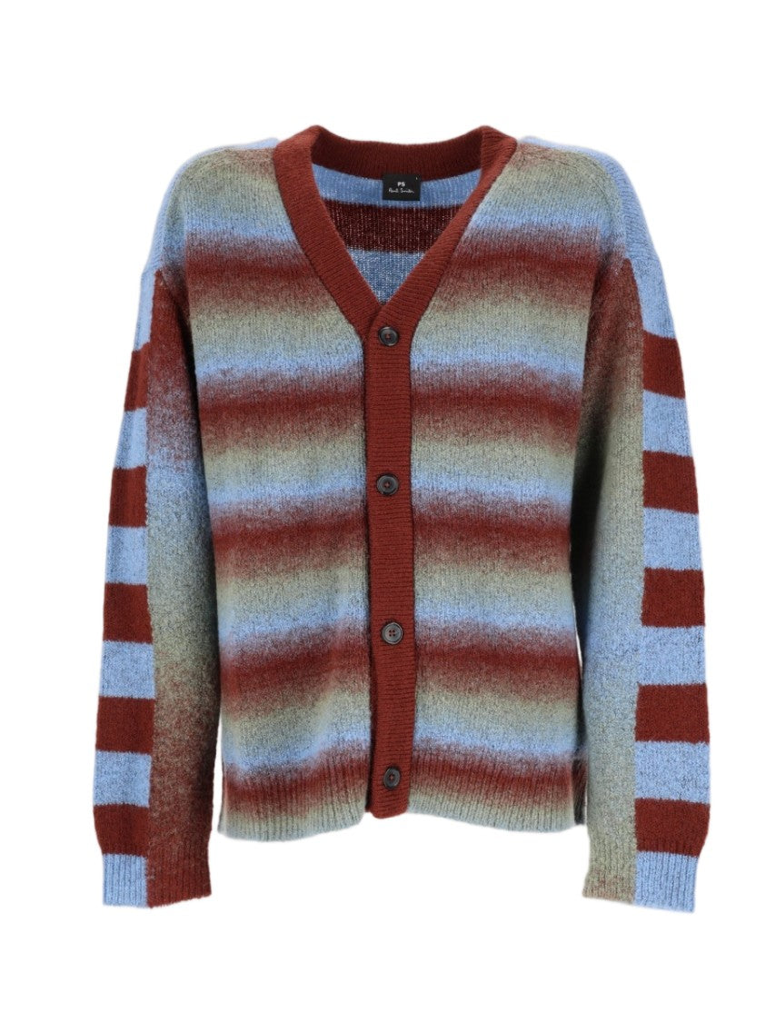 Ps Paul Smith Blue Wool-Blend Horizontal Striped Knit Cardigan