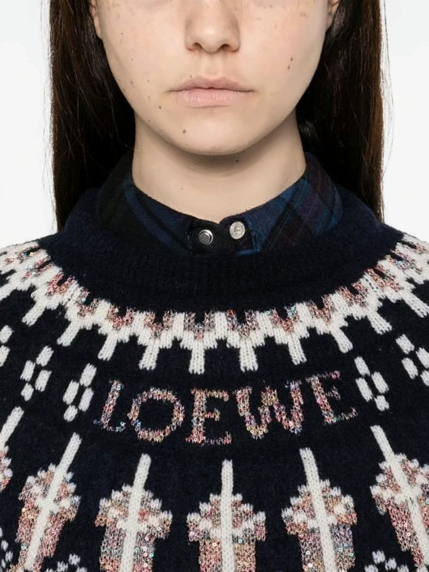Loewe Cropped Wool Blend Sweater With Geometric Floral Knit