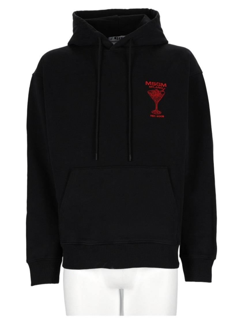 Msgm Black Hooded Graphic Print Cotton Sweatshirt