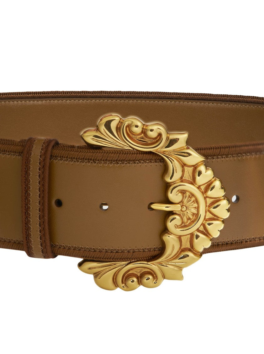 Etro Maxi Brown Calf Leather Belt With Baroque-Style Buckle