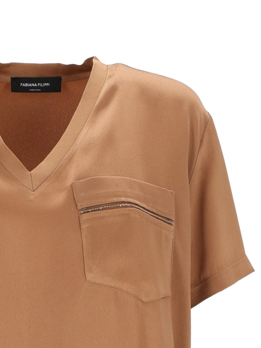 Fabiana Filippi Brown Enver Satin V-Neck Blouse