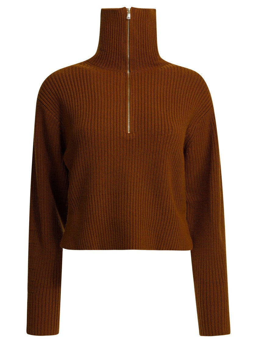 Max Mara Cropped Brown Knitwear With High Zip-Up Collar And Textured Pattern