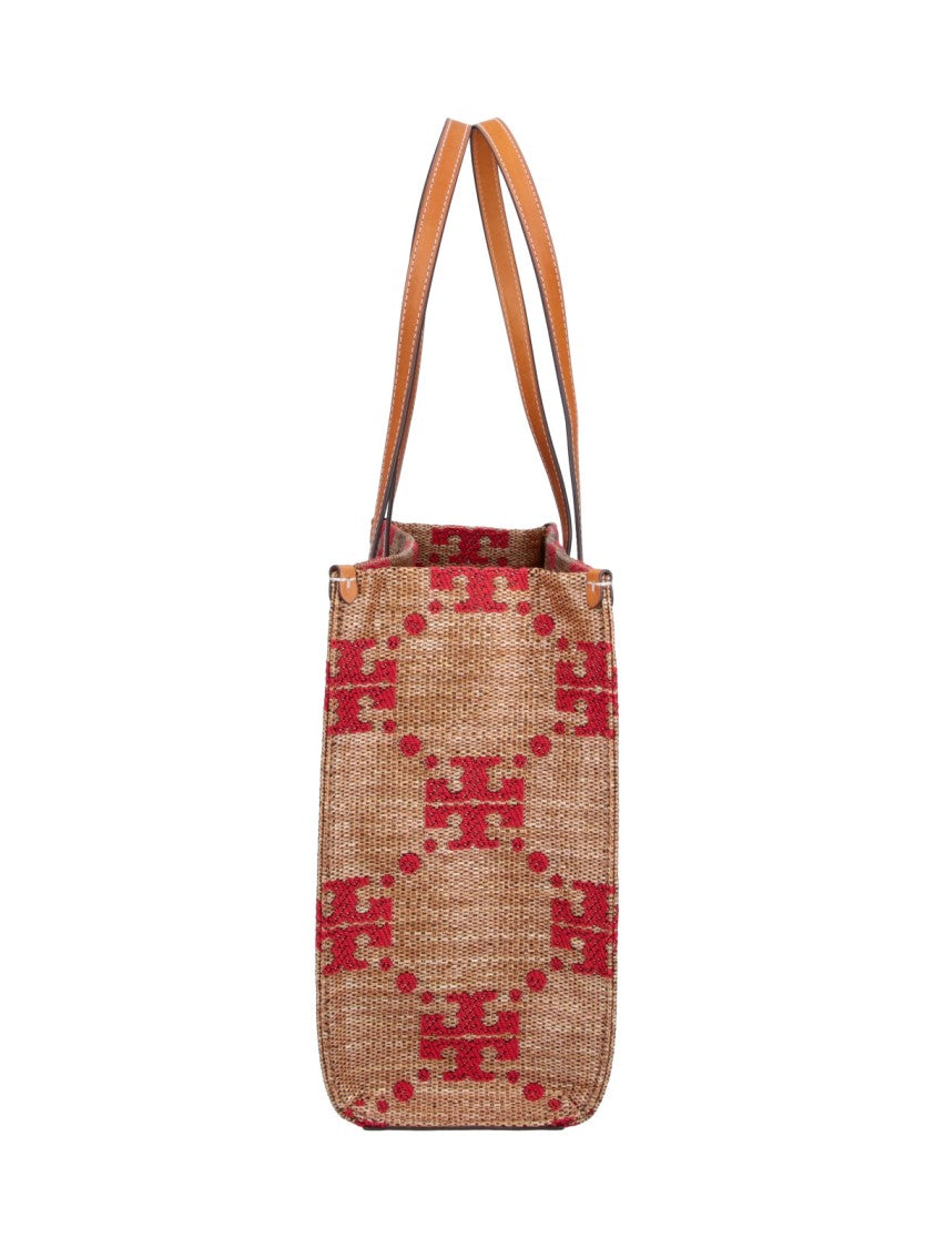 Tory Burch Brown T Monogram Pattern Fabric Tote