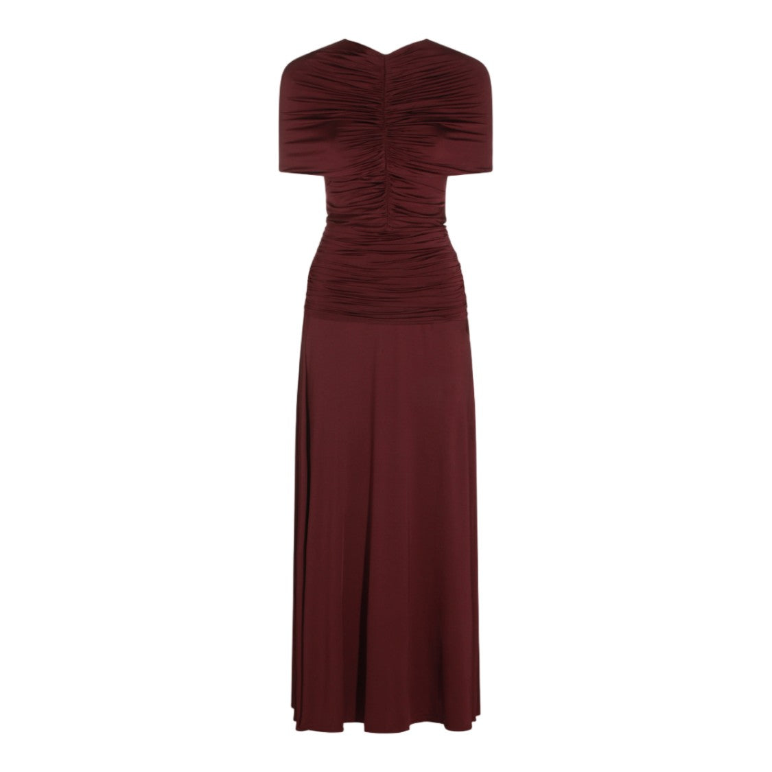 Self-Portrait Deep Burgundy Midi Dress With Ruched Bodice And Flared Skirt