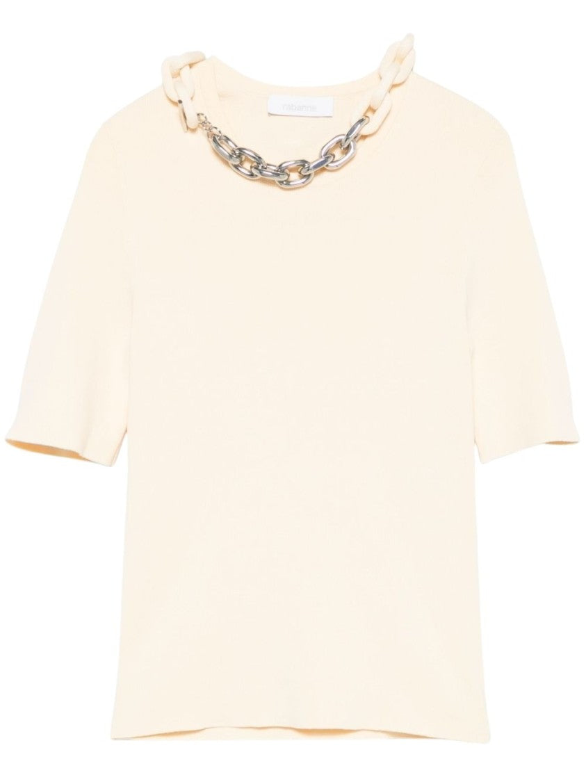 Rabanne Fitted Beige T-Shirt With Chain Detail