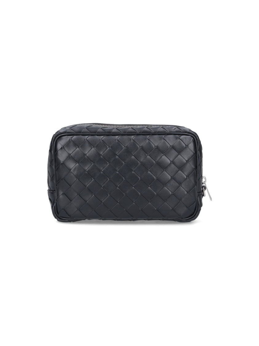 Bottega Veneta Compact Woven Black Leather Intrecciato Pouch