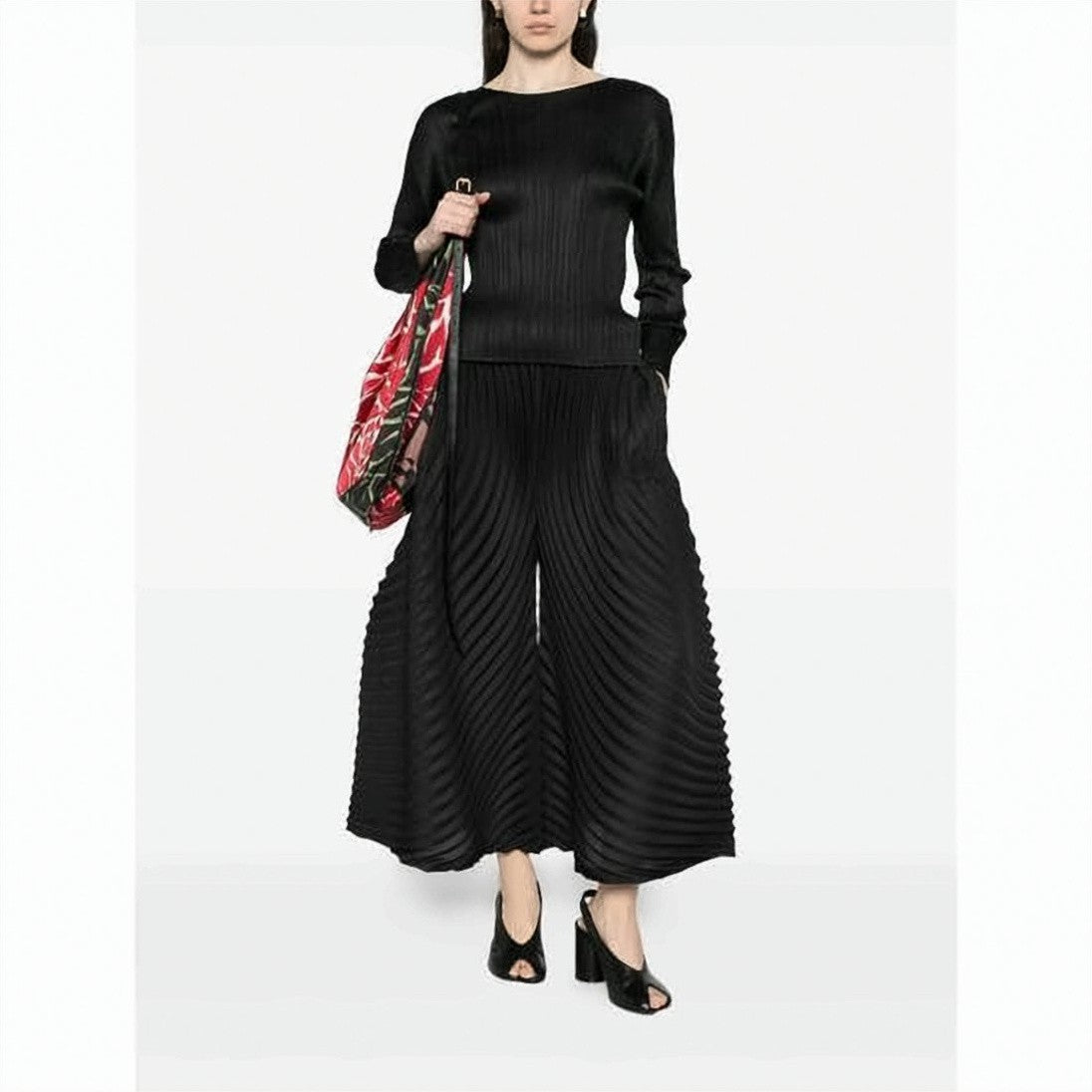 Pleats Please Textured Pleated Black Long-Sleeve Top