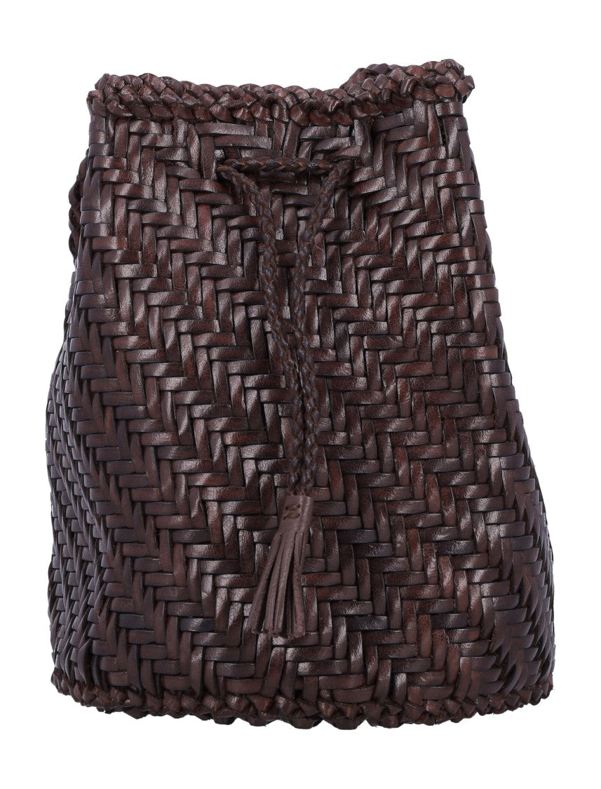 Dragon Diffusion Pompom Dark Brown Woven Bucket Bag