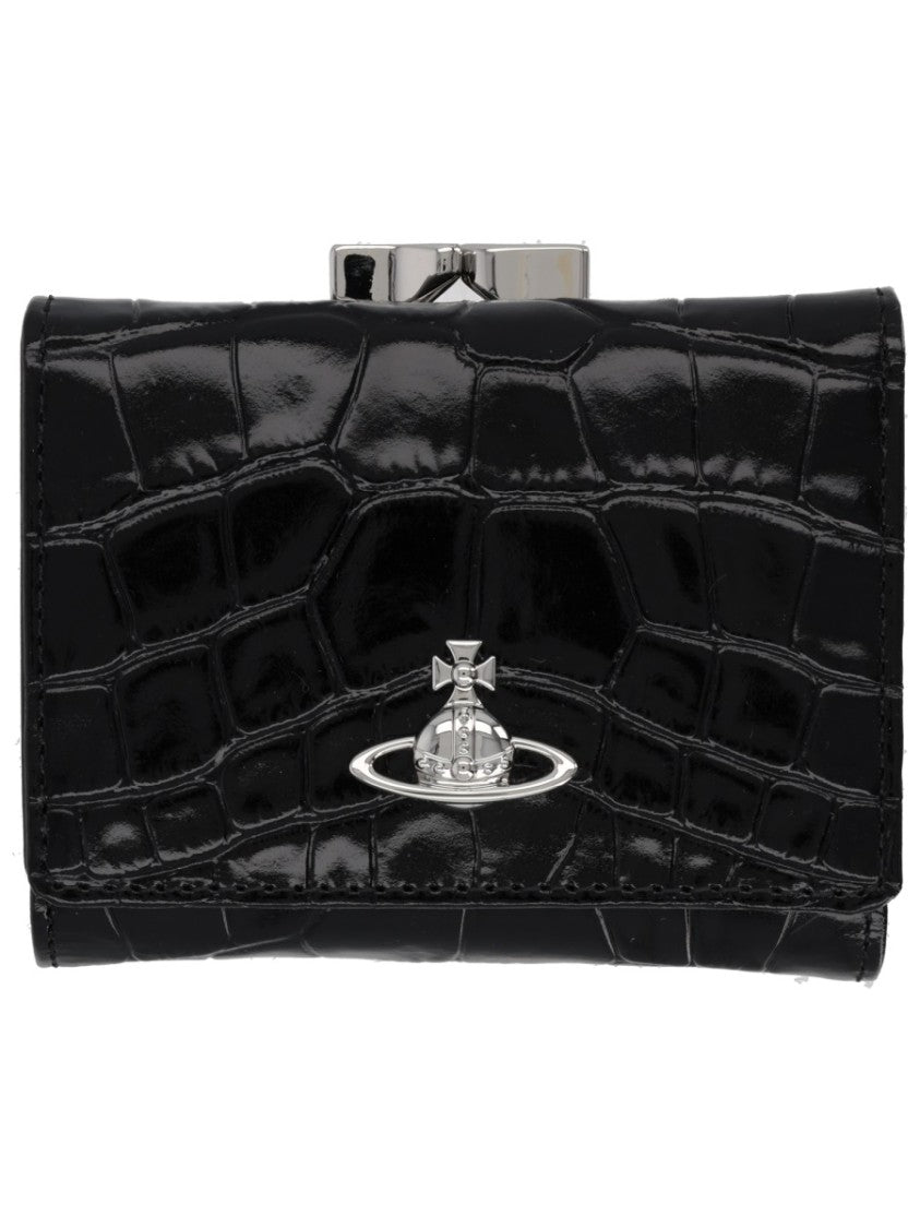 Vivienne Westwood Crocodile-Embossed Black Calfskin Wallet With Silver Emblem