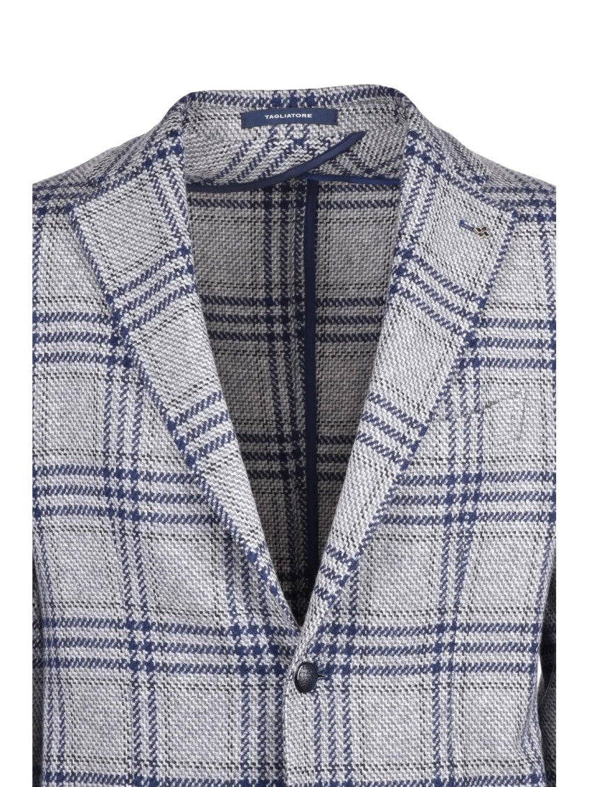 Tagliatore Rounded Blazer In Grey With Blue Checkered Pattern