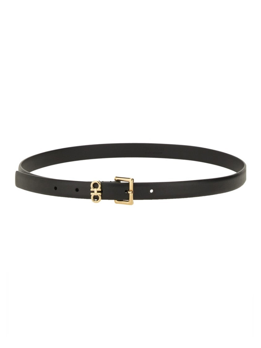 Ferragamo Slim Black Leather Belt With Classic Gold Buckle