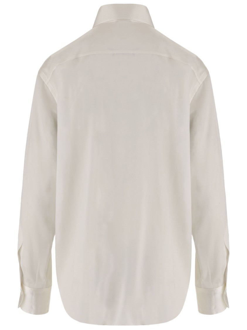 Her Shirt White Curved Hem Buttoned Cuffs Stretch Silk Shirt