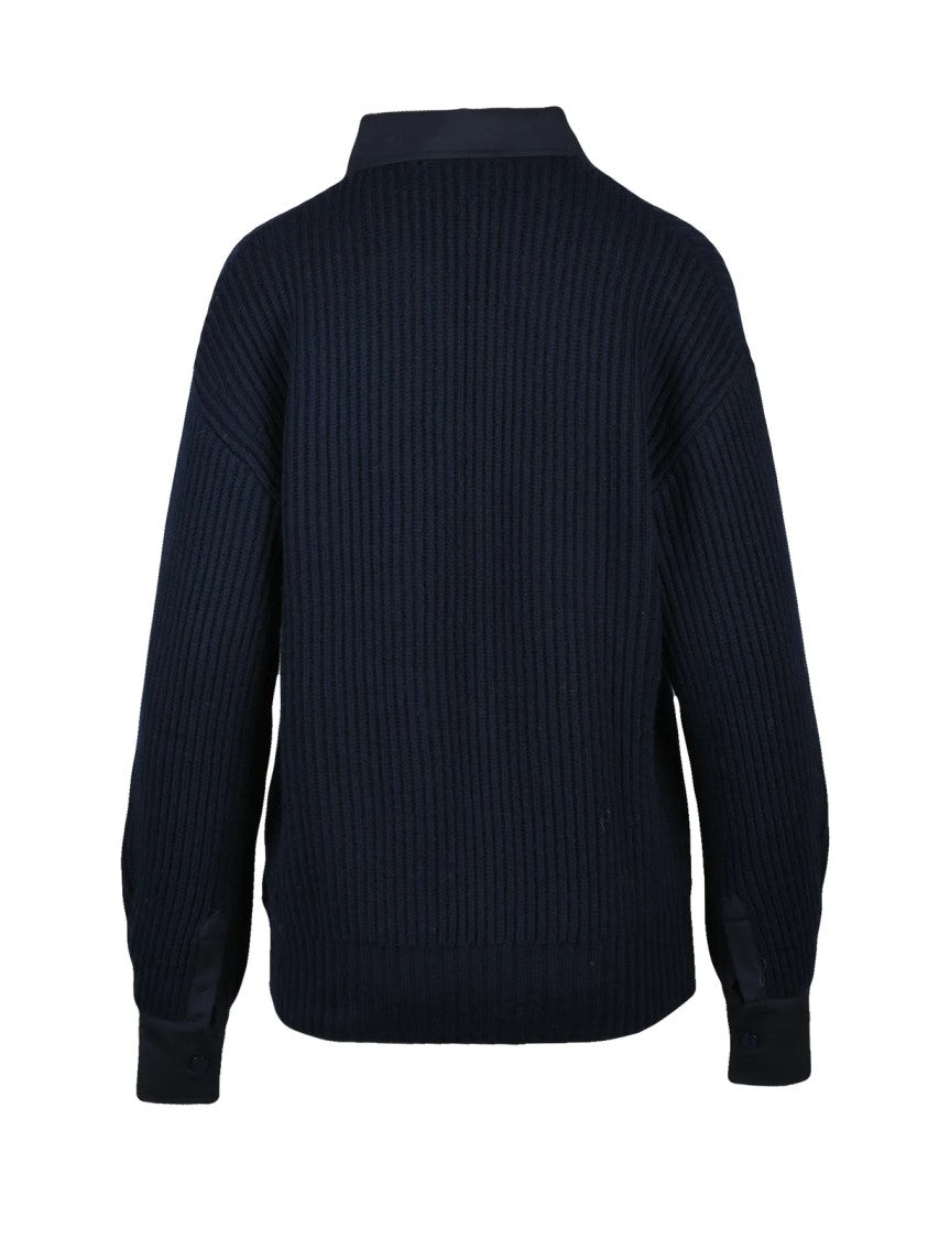 Max Mara Ribbed Knit Vanda Sweater With Classic Collar And Flap Pocket