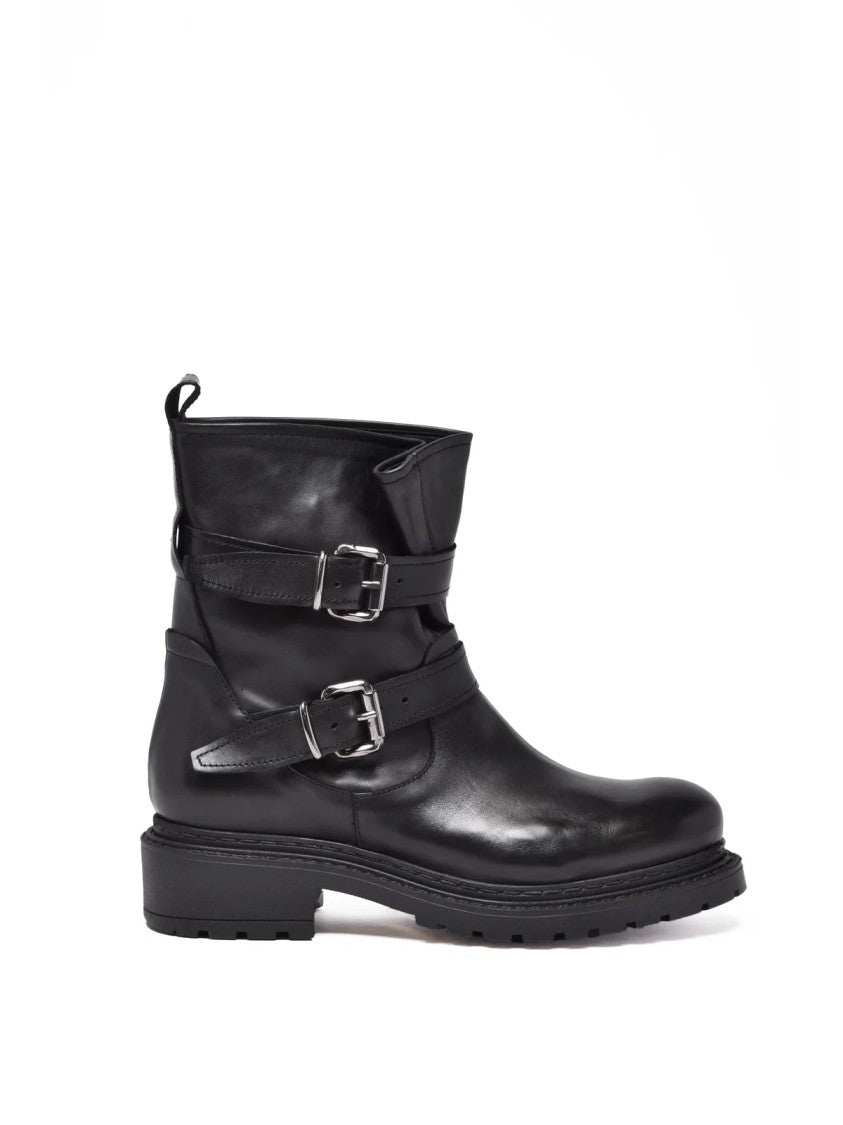 Metisse Black Leather Buckle Biker Boots