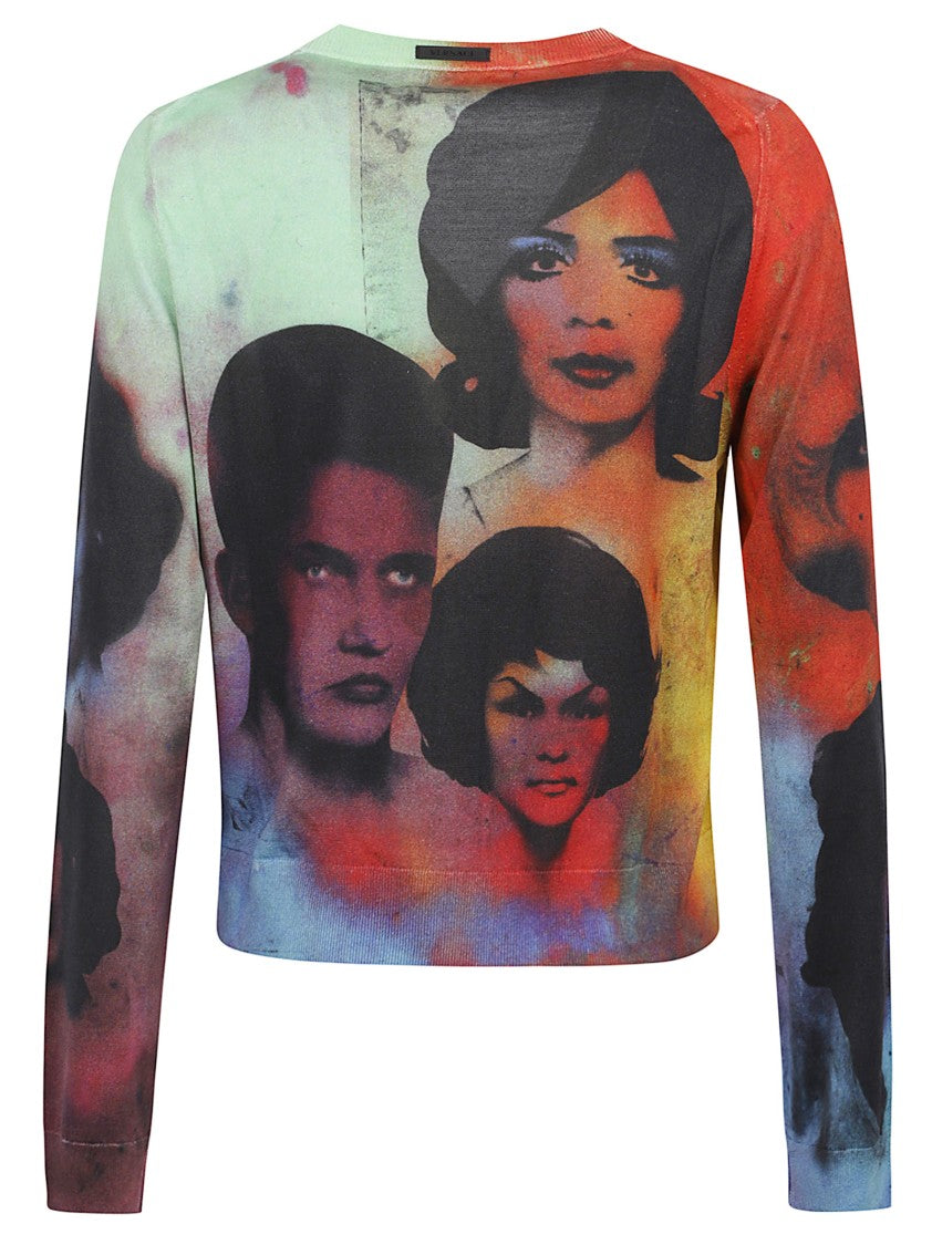 Versace Portrait Print Black Knit Sweater With V-Neck And Button Closure
