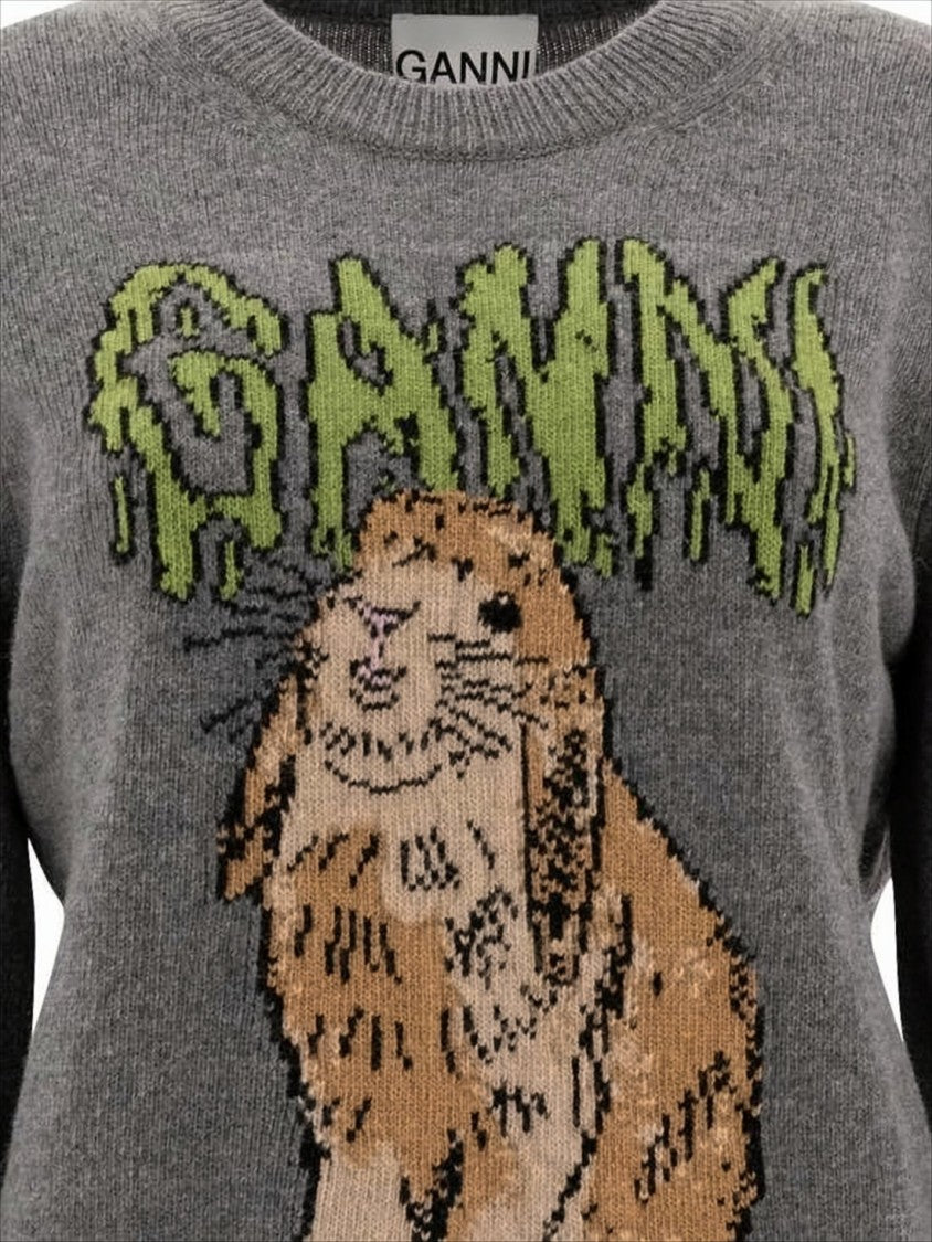 Ganni Medium-Grey Knit Sweater With Playful Bunny Graphic