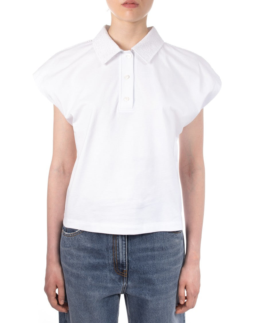 Msgm White Polo Shirt With Pointelle Detailing And Structured Shoulders