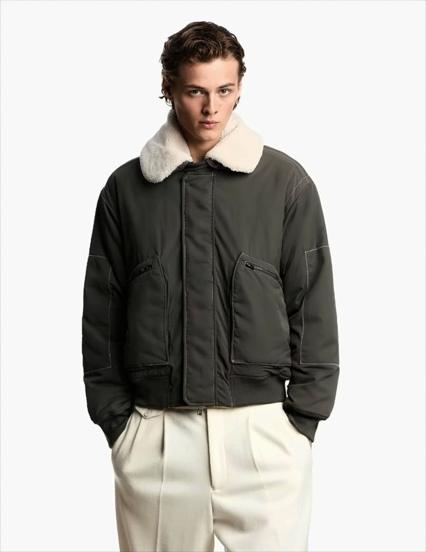 Emporio Armani Nylon Twill Bomber Jacket With Shearling-Effect Collar