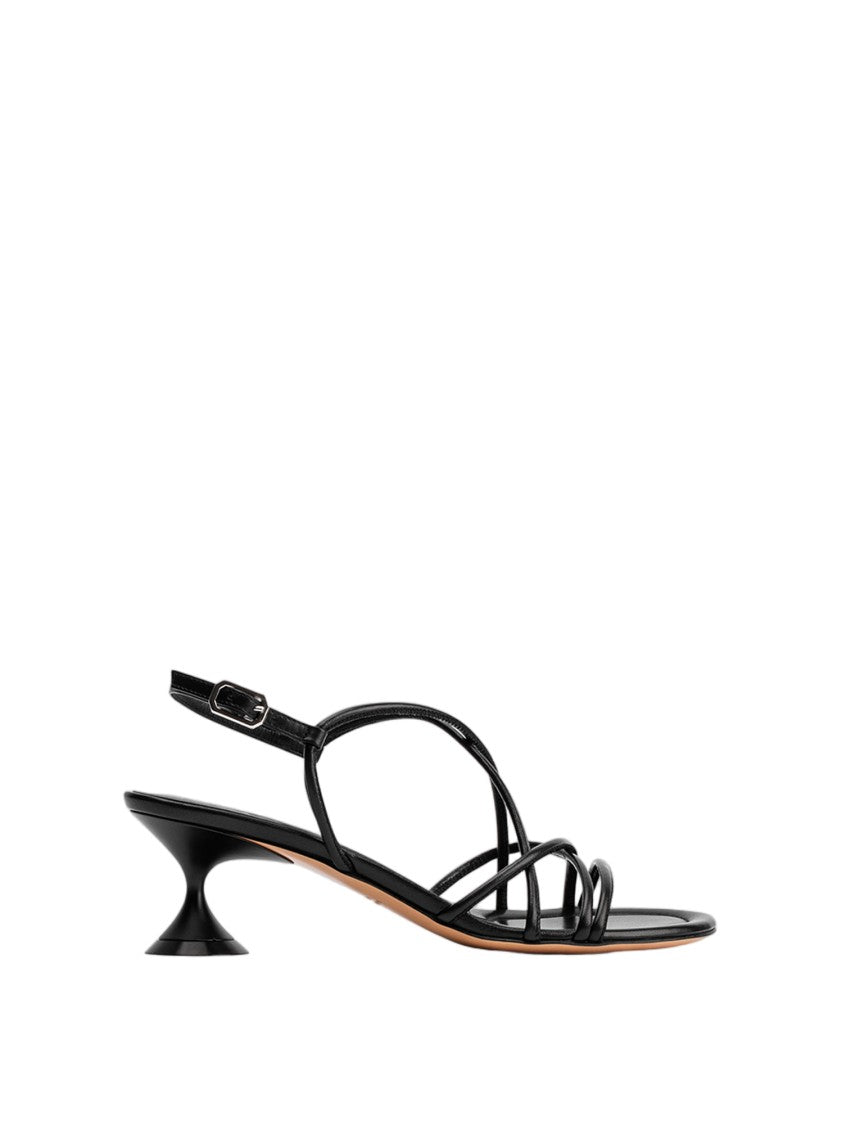 Poeve Sculptural Heel Silver Buckle Leather Sandals