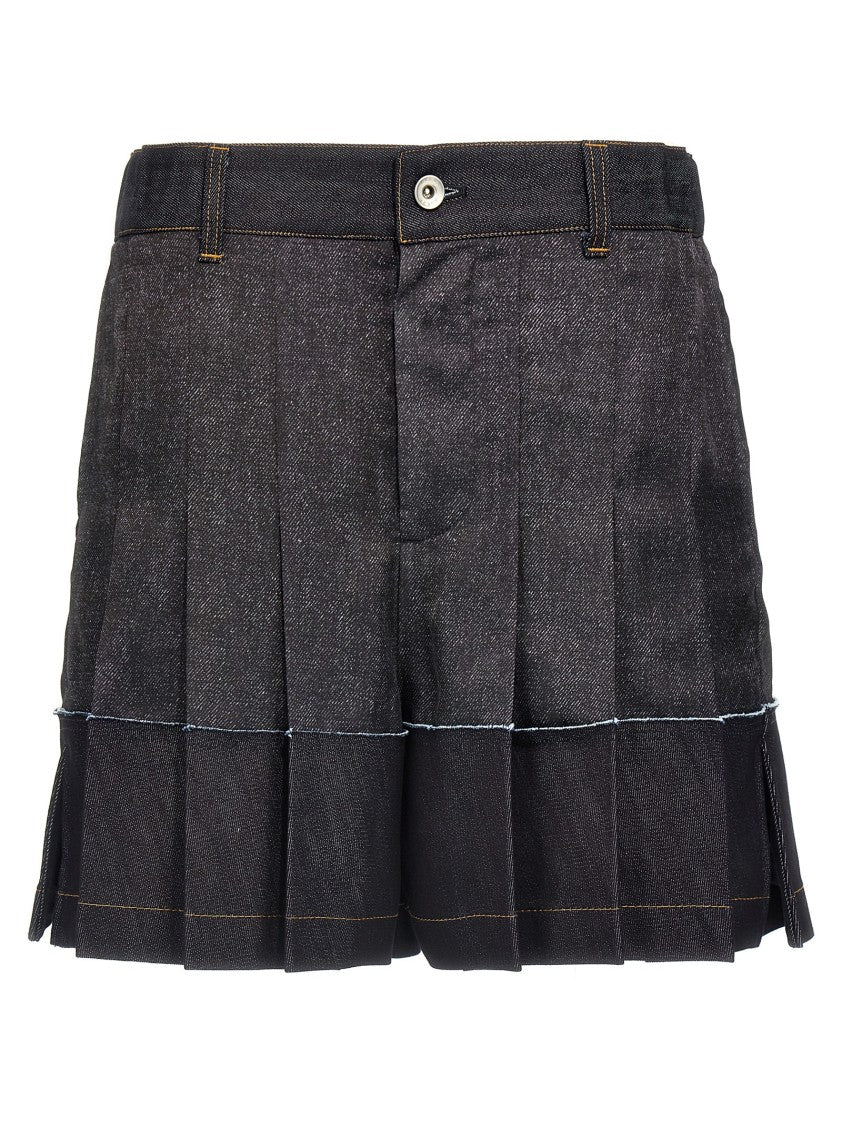 Sacai Flounced Denim Print Synthetic Shorts With Cotton Details