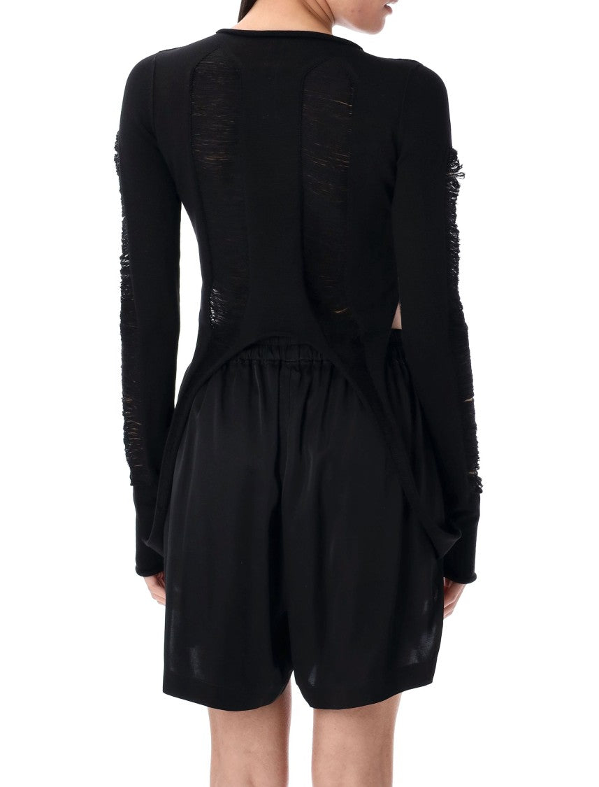 Rick Owens Rolled Neck Black Wool Tanja T Top With Shredded Design