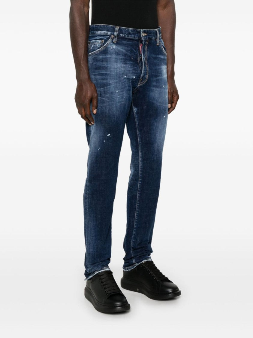 Dsquared2 Slim Fit Distressed Blue Denim Jeans With Paint Splatters