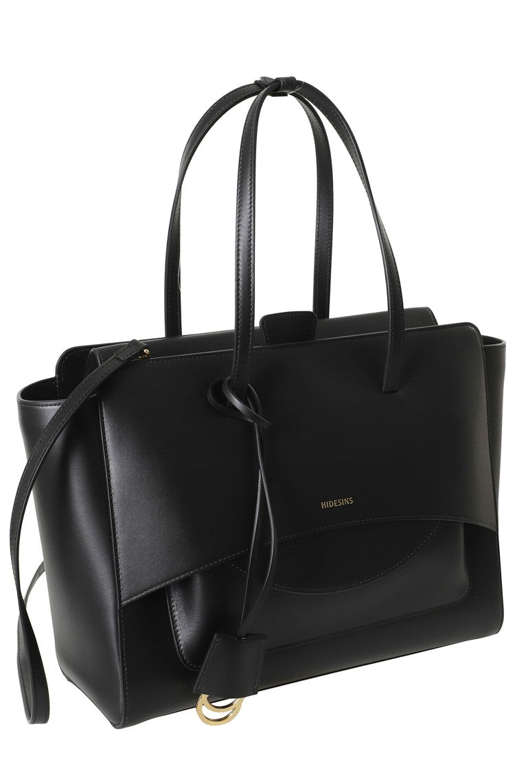 Hidesins Black Structured Flap L Gold Logo Leather Shoulder Bag