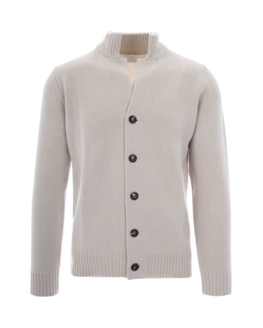Eleventy Ivory Wool High-Collar Cardigan