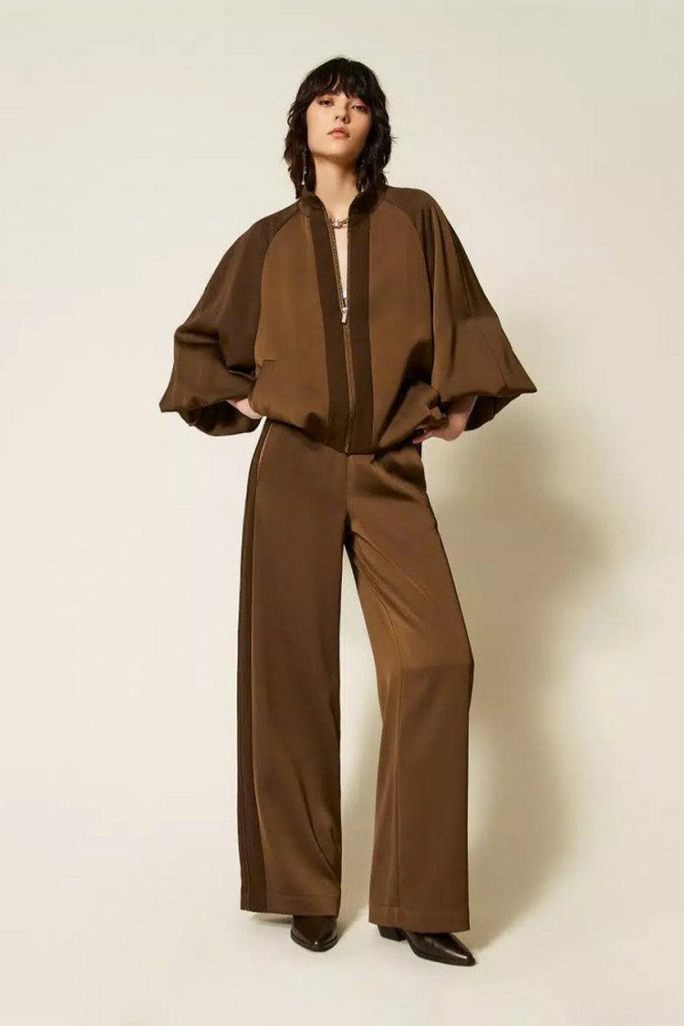 Twin-Set Brown Elastic Waist Side Stripe Polyester Wide-Leg Pants
