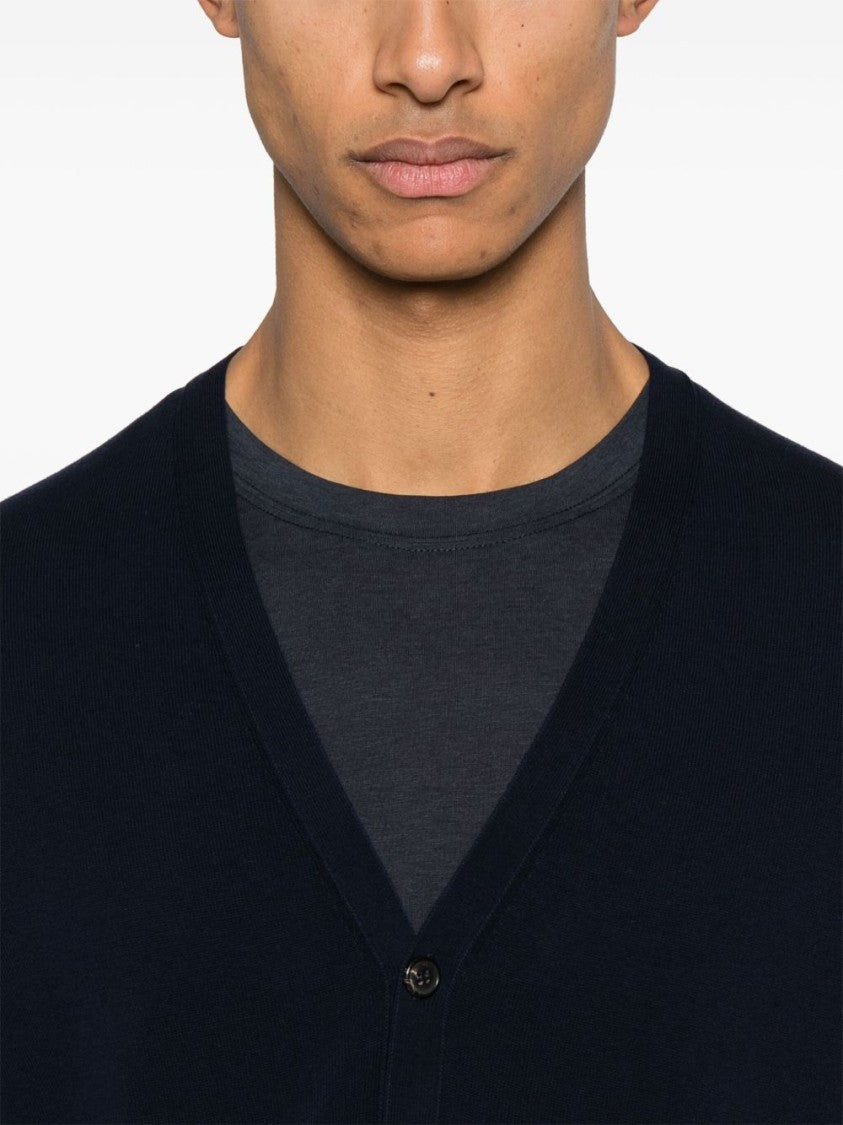 Zanone Classic V-Neck Blue Sweater With Button-Down Front