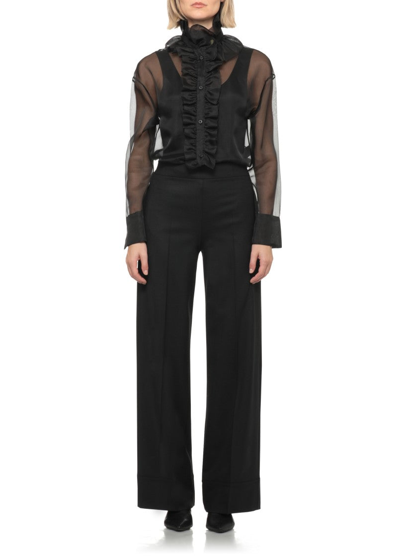 D. Exterior Black Sheer Silk Ruffled Jabot Shirt