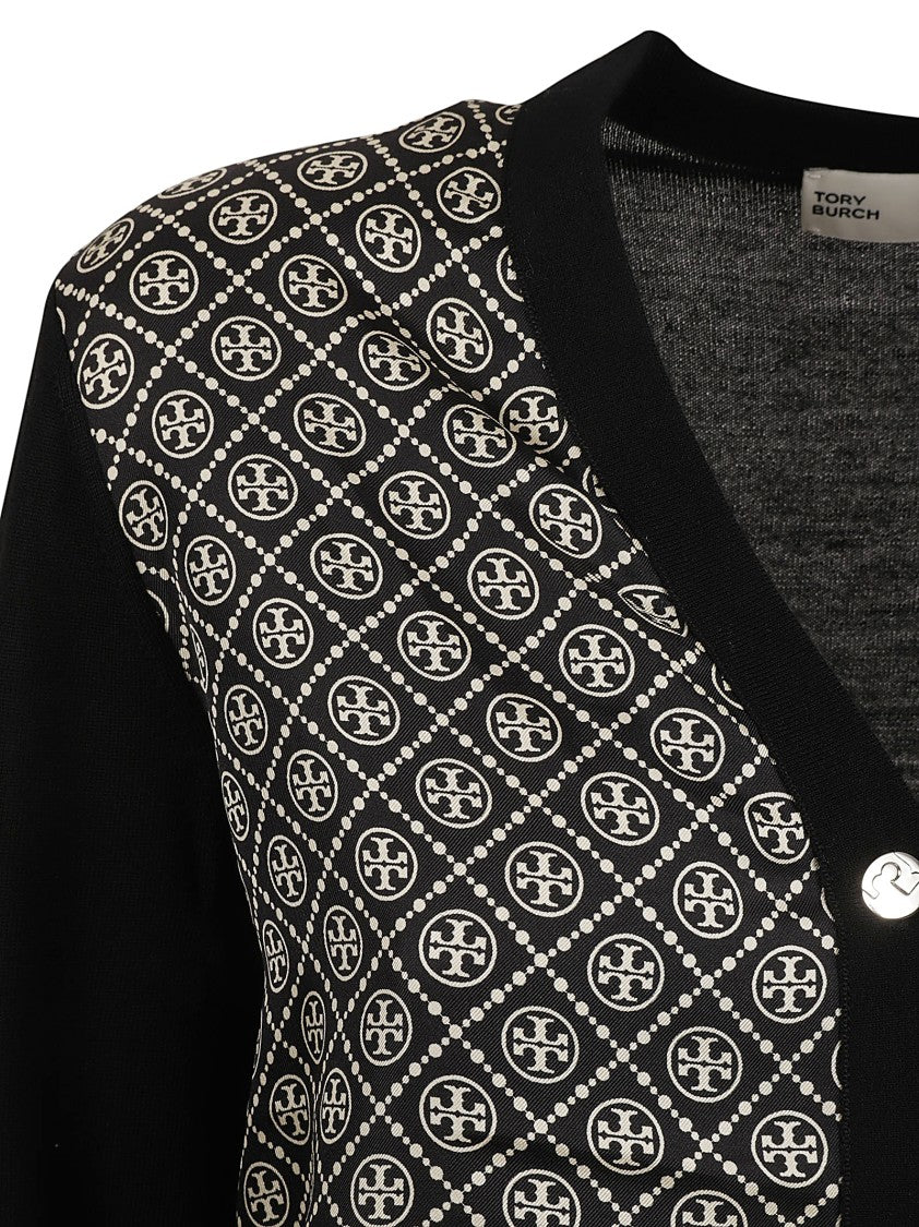 Tory Burch V-Neck Cardigan Sweater With Patterned Fabric