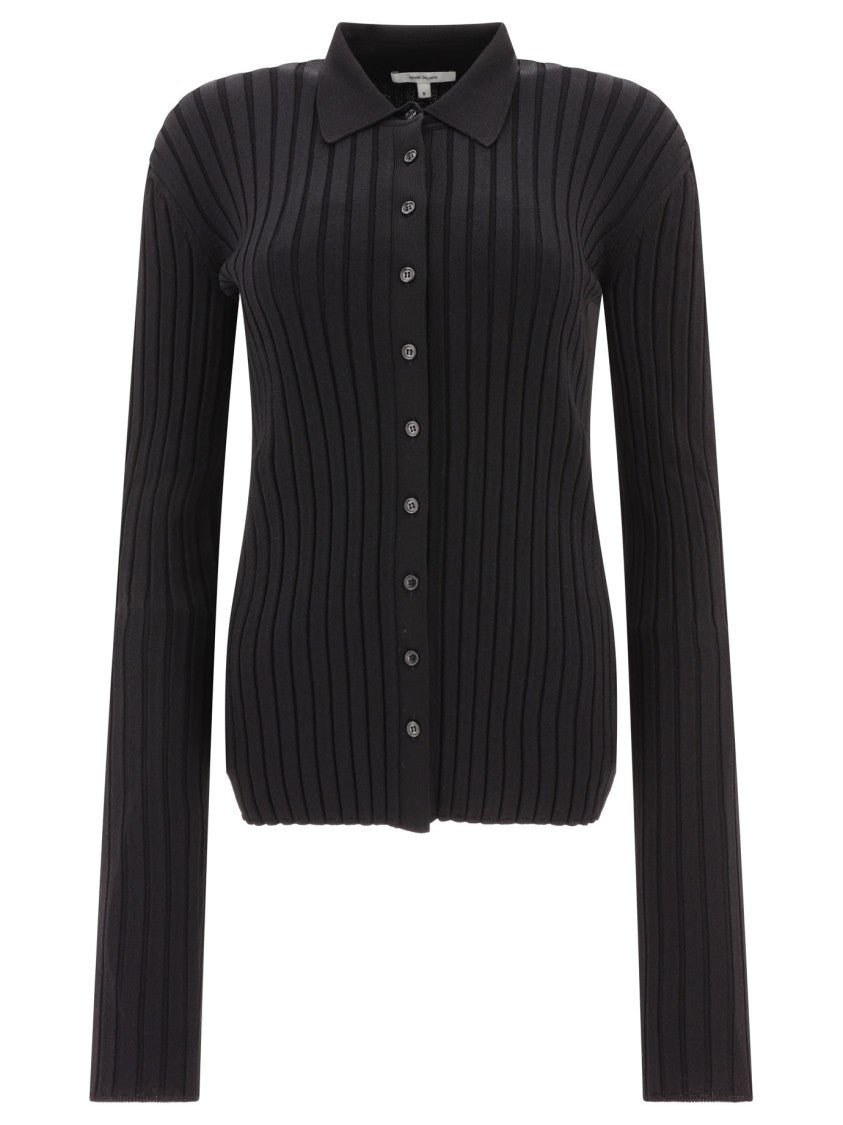 Nensi Dojaka Fitted Black Ribbed Button-Down Shirt