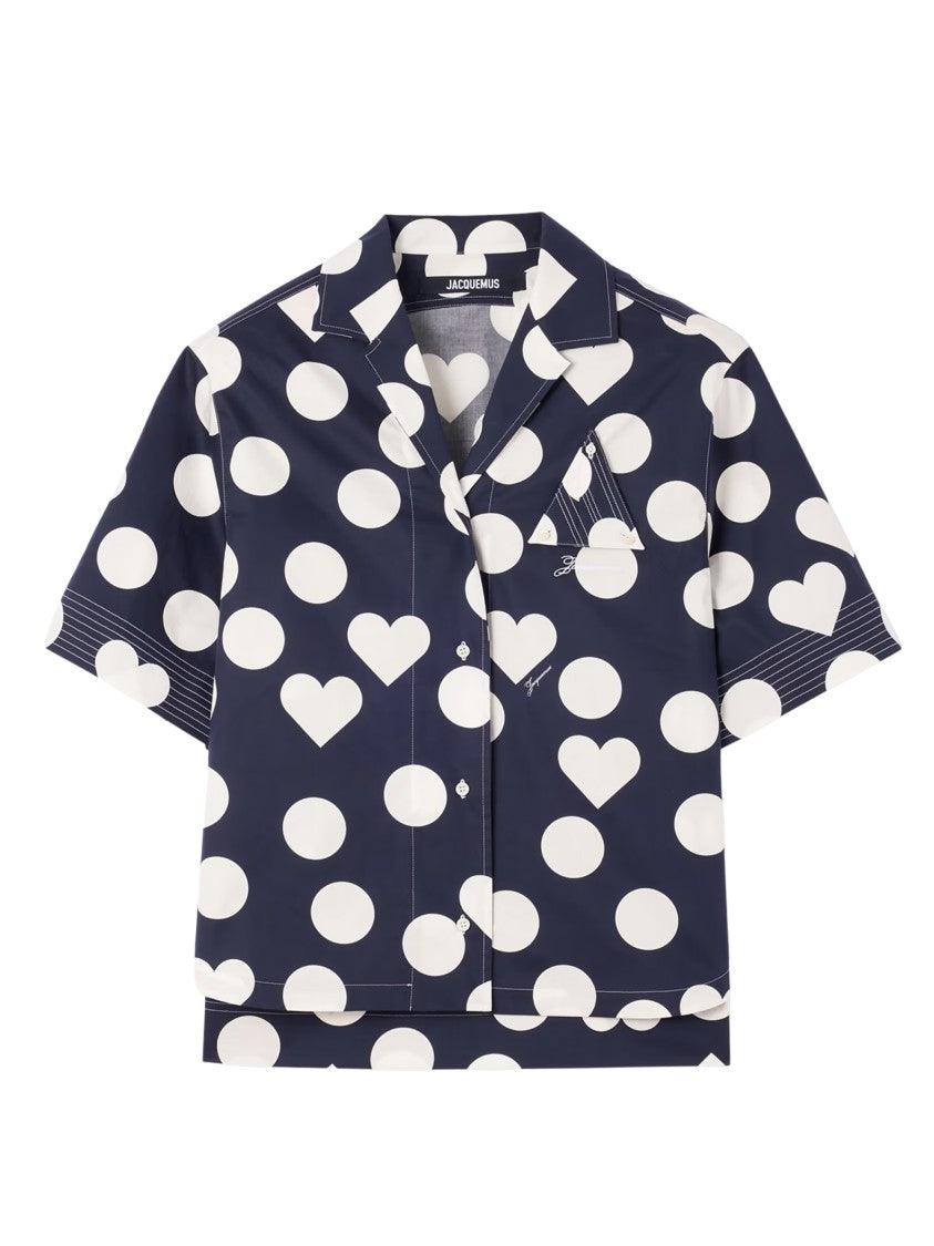 Jacquemus Blue Heart Polka Dot Print Cotton Shirt