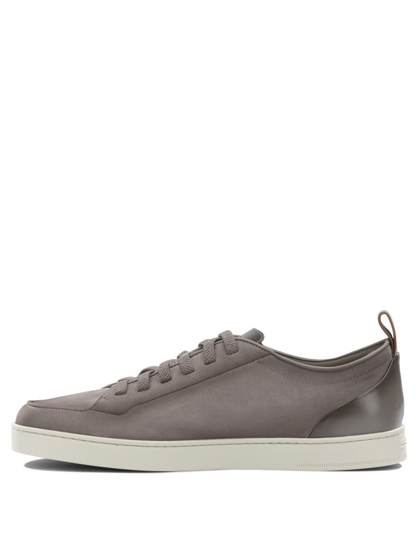 Santoni Muted Taupe Leather Slip-On Sneakers With Contrasting Sole