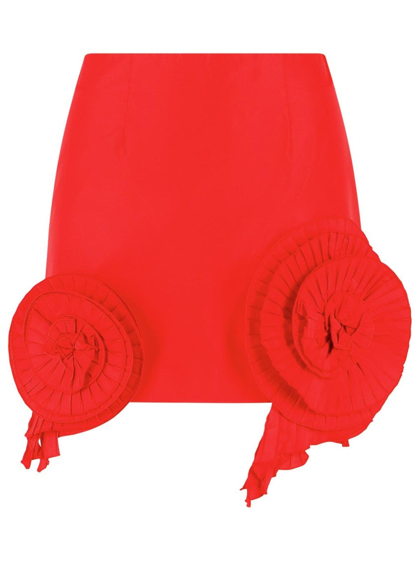 Blumarine Mini Taffeta Skirt With Pleated 3D Rose Appliqués