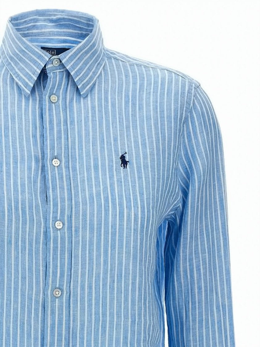 Polo Ralph Lauren Light Blue Vertical Striped Linen Shirt With Classic Collar
