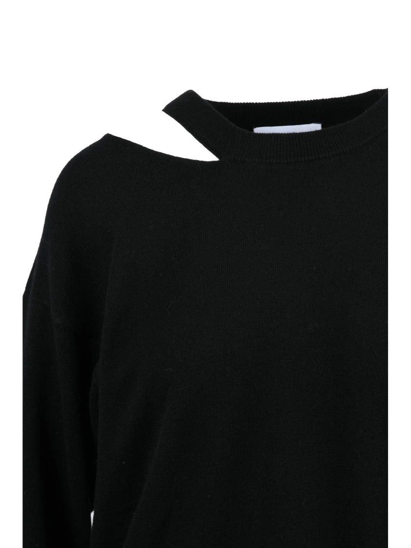 Alpha Studio Crew-Neck Black Sweater With Asymmetrical Cutout Detail