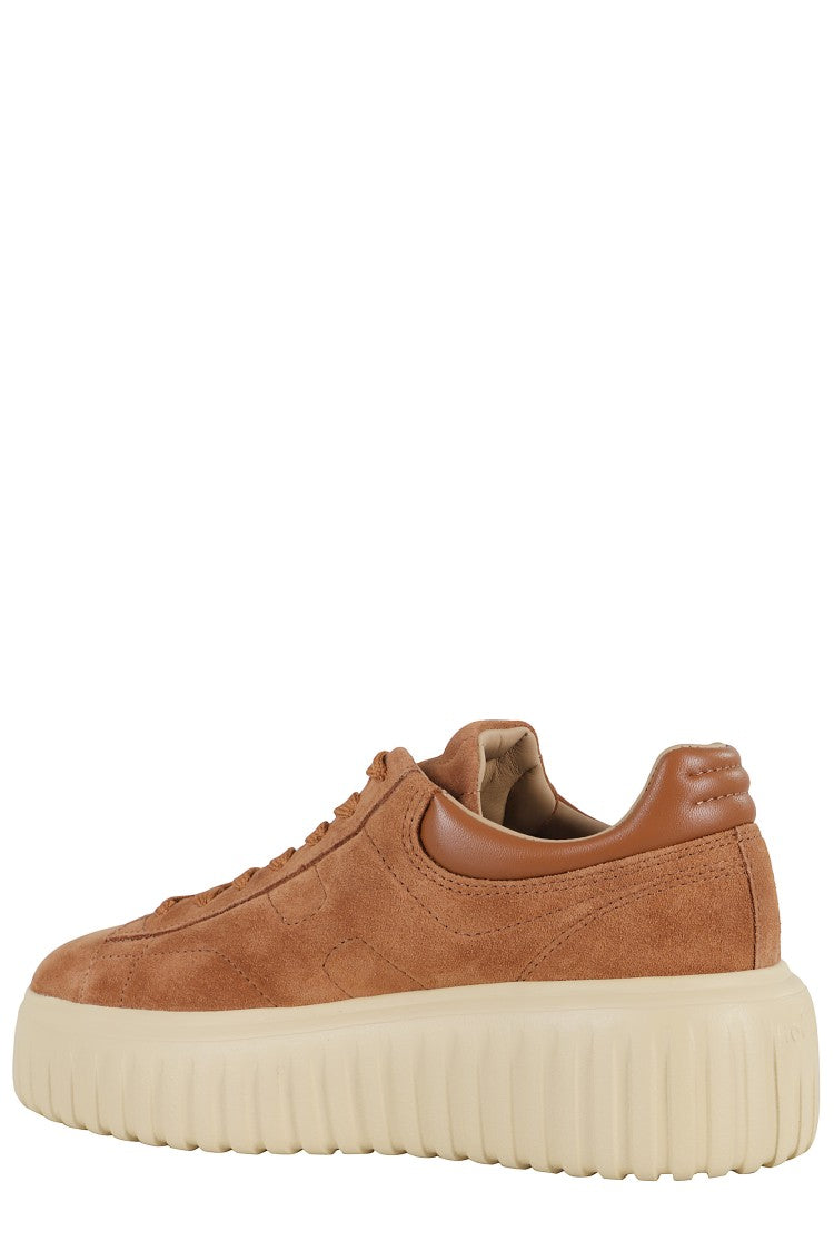 Hogan Brown Suede Sneakers With Reinforced Smooth Leather Heel And Iconic 'H' Logo